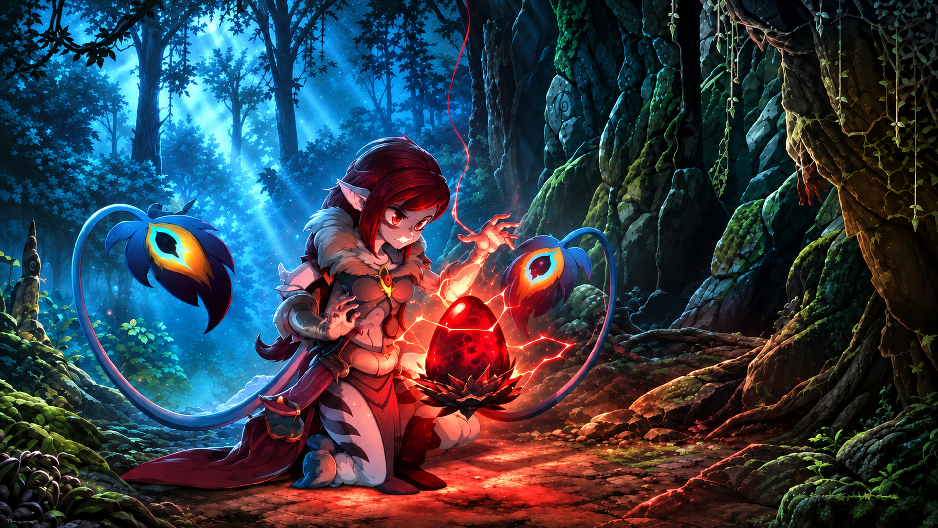 Aventureira diante de um ovo Vulbis incandescente, em uma floresta iluminada em azul.